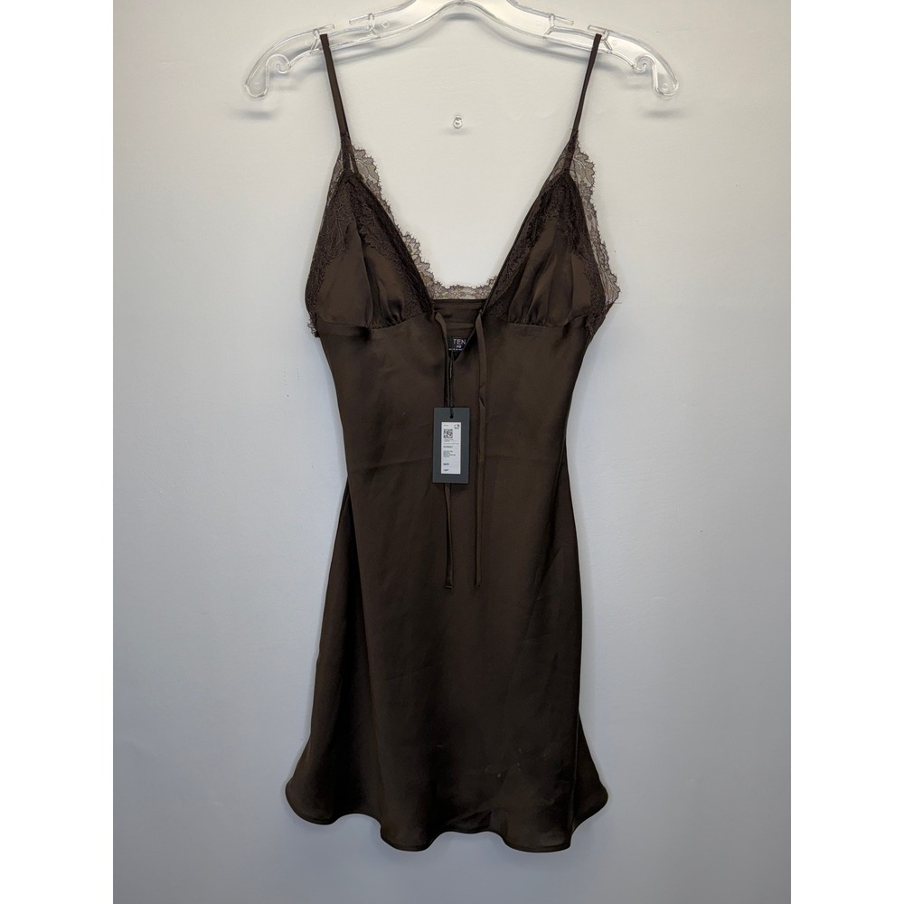 Aritzia Sunday Best Mini Dress Women XS Brown Starlet Lace Trim Satin Slip